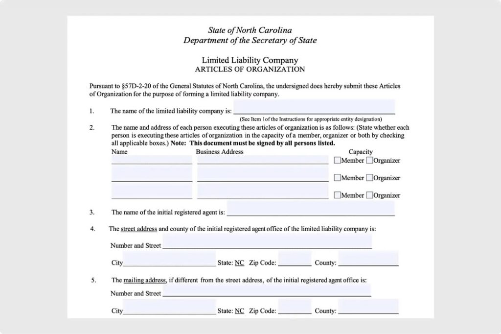 Article of Organization Form in North Carolina