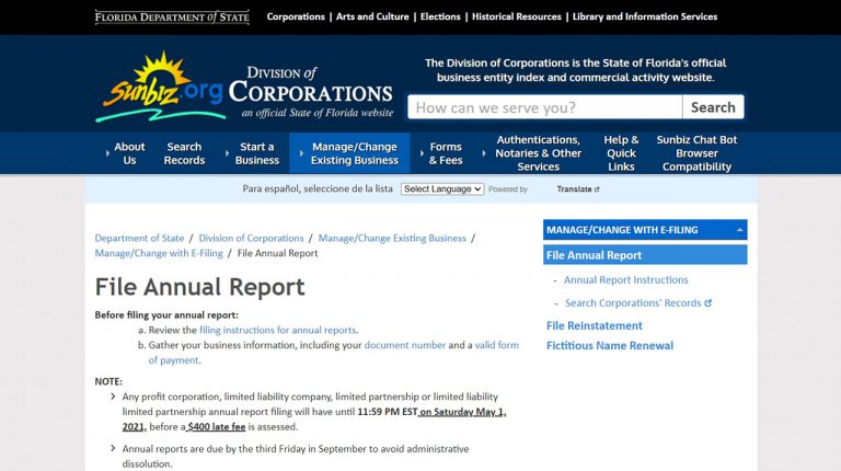 Filing An LLC Annual Report All You Need To Know SimplifyLLC   Florida Sunbiz LLC File Annual Report Portal October 2021 768x430 