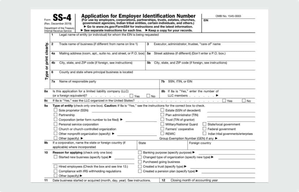 IRS Form SS-4 to apply for an EIN