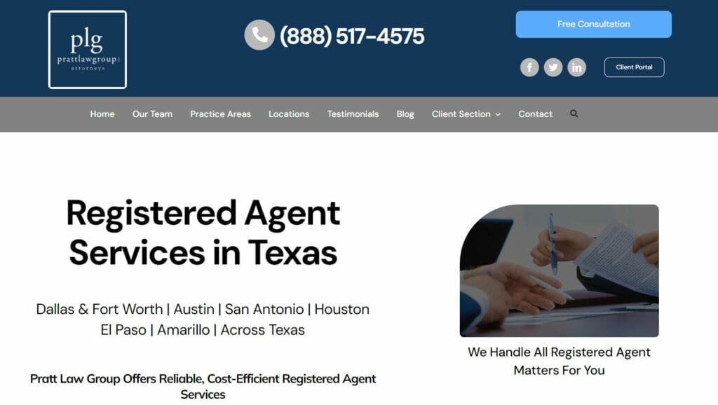 Pratt Law Group Registered Agent in Texas Webpage