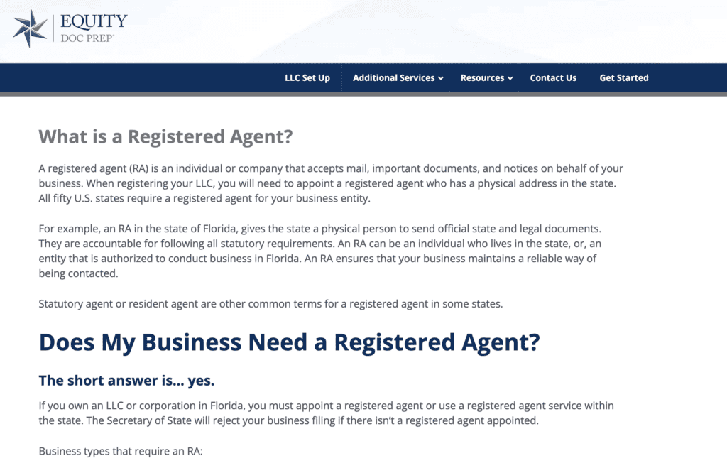 Equity doc prep registered agent service 