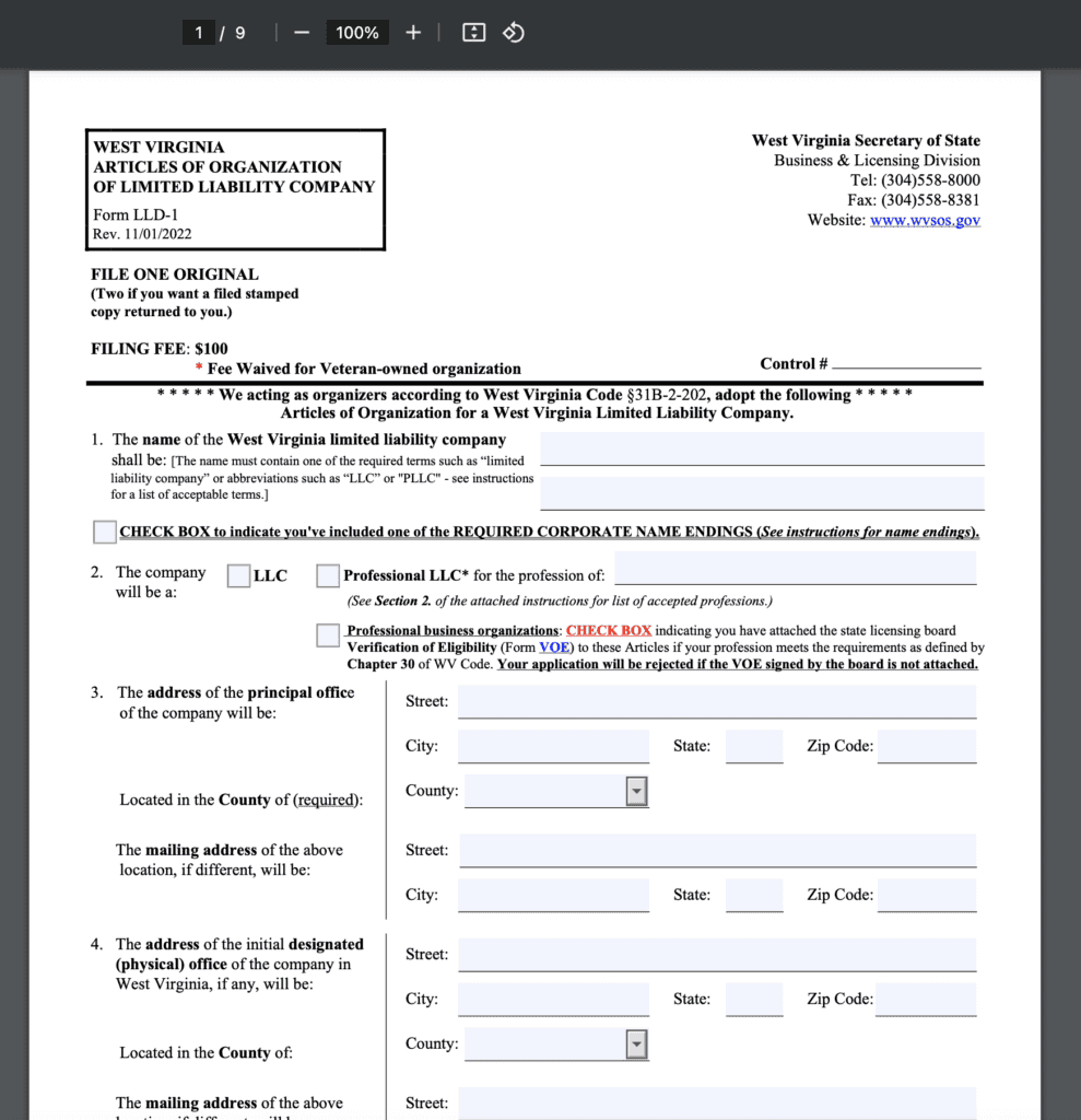 Articles of Organization - West Virginia