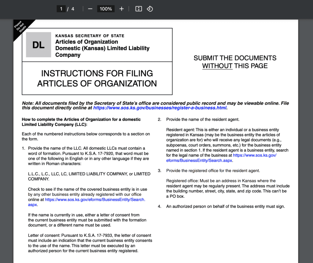 Articles of Organization form in Kansas