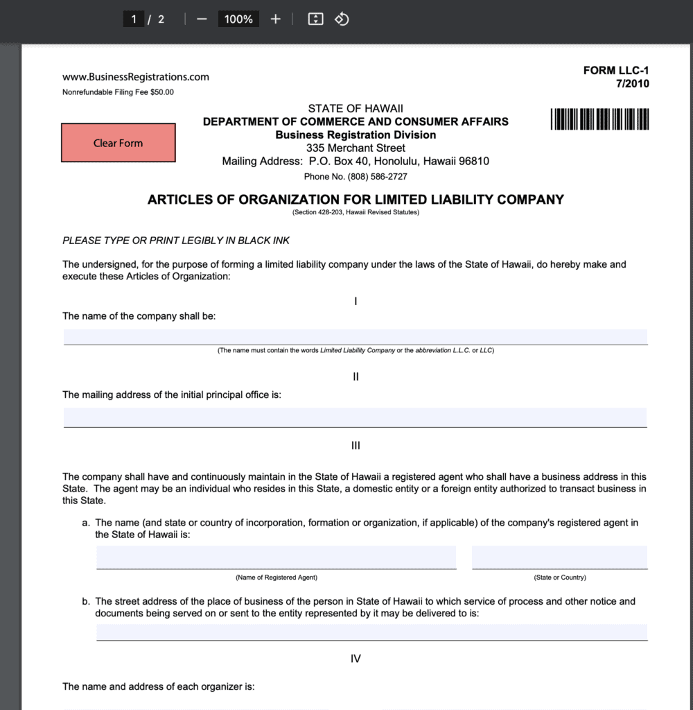 Hawaii Articles of Organization