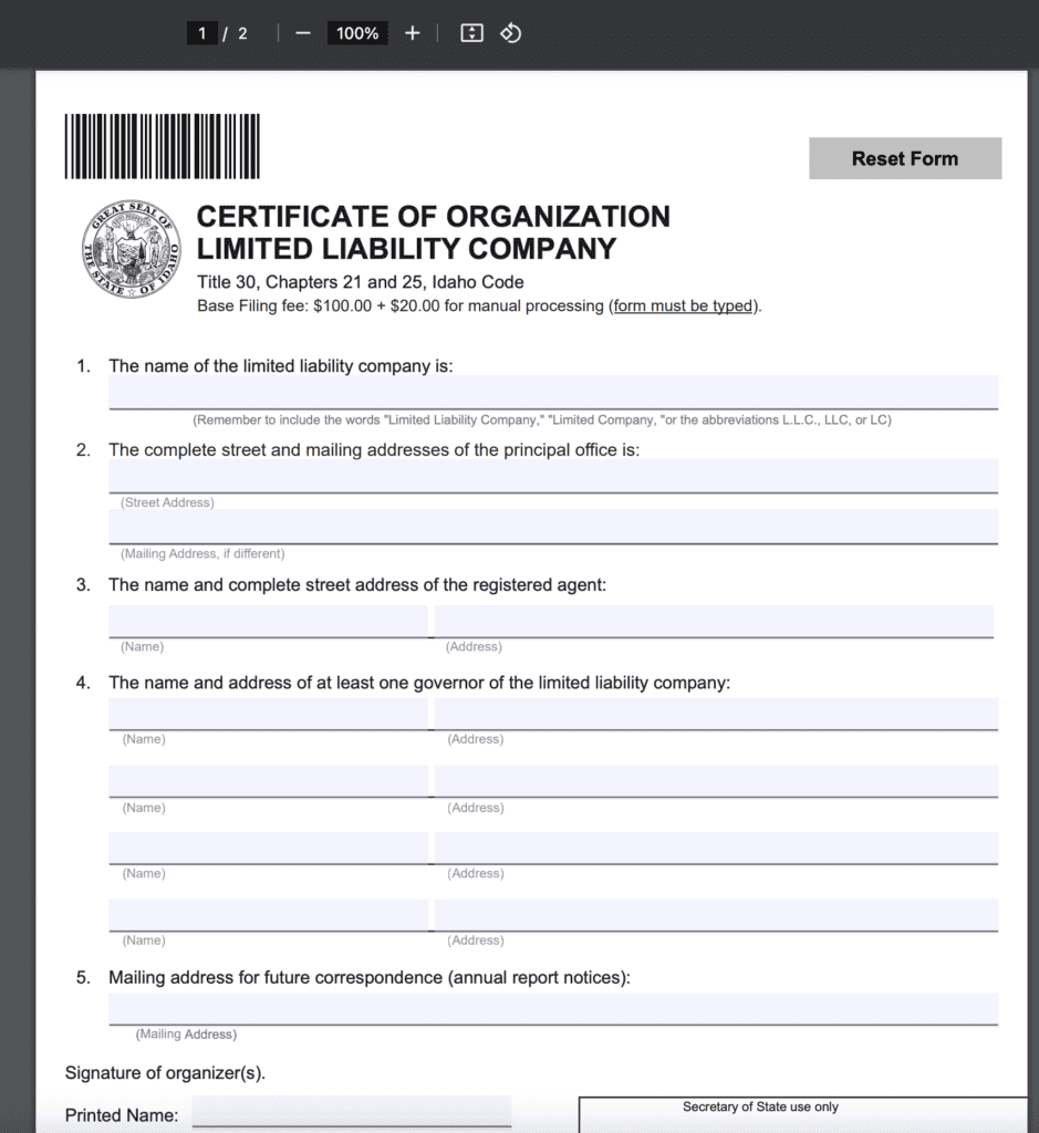 Idaho Certificate of Formation