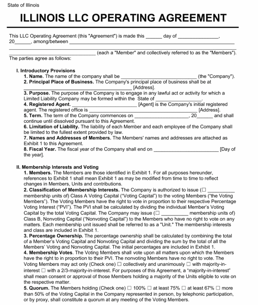 LLC Operating Agreement for Illinois