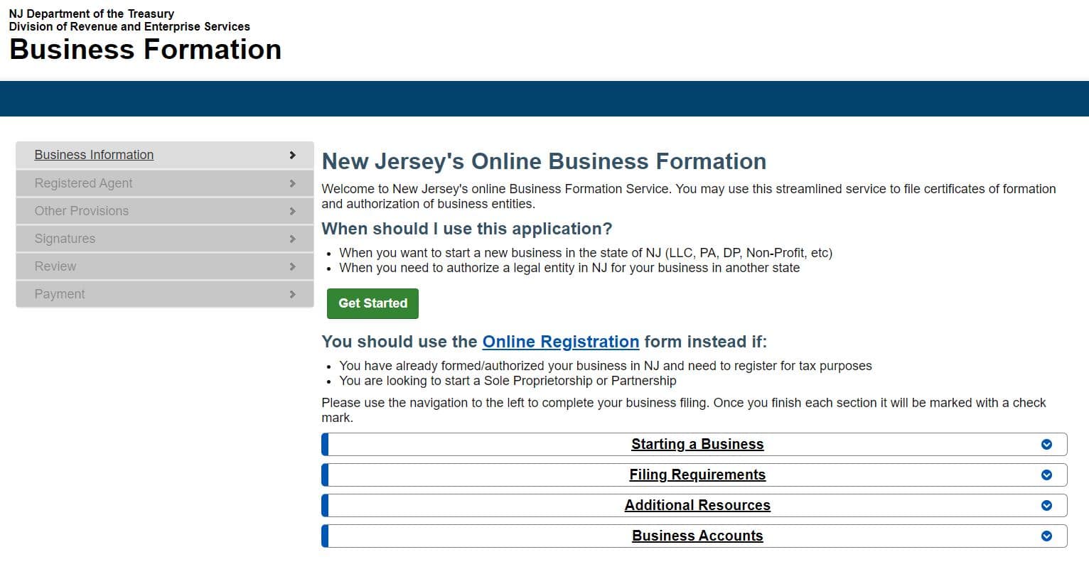 New Jersey business formation portal