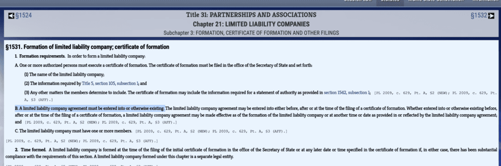 Maine statute 1531 requiring LLC operating agreeme