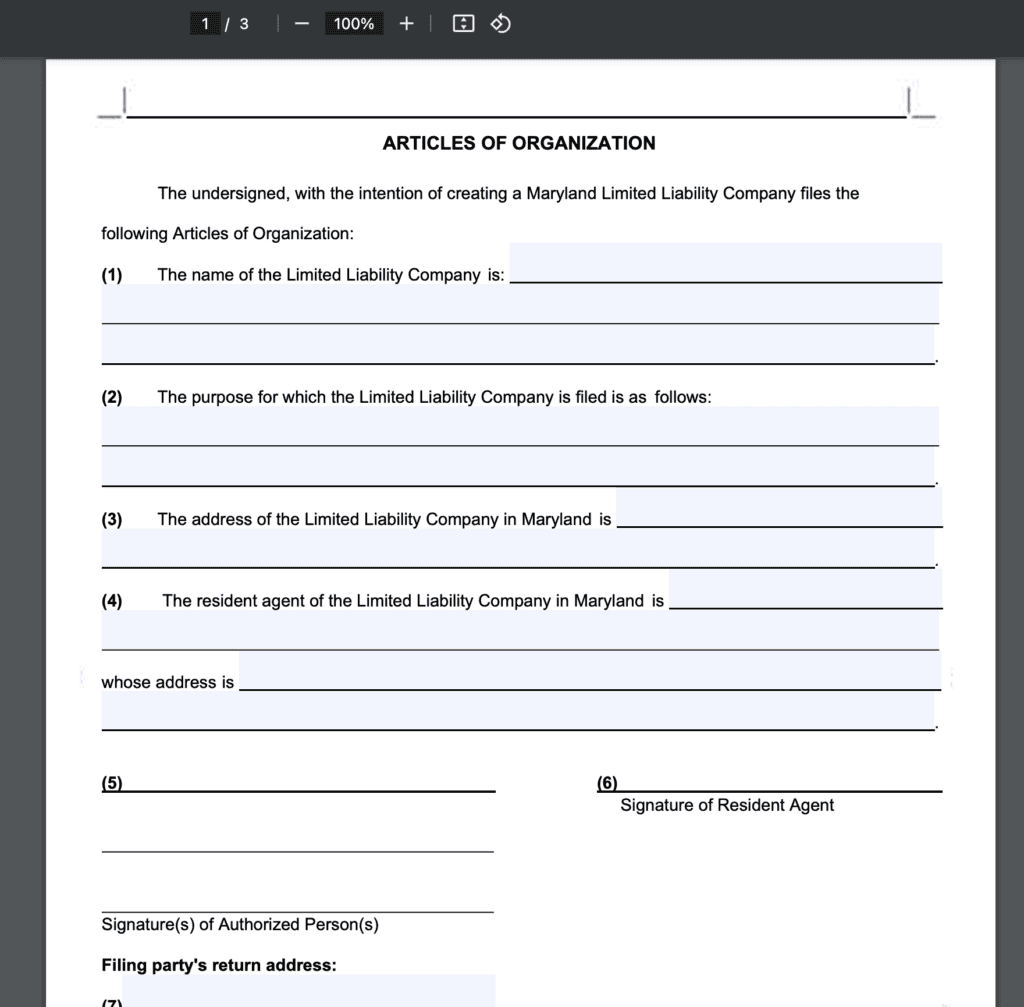 Maryland Articles of Organization