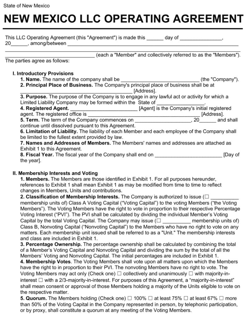 New Mexico operating agreement