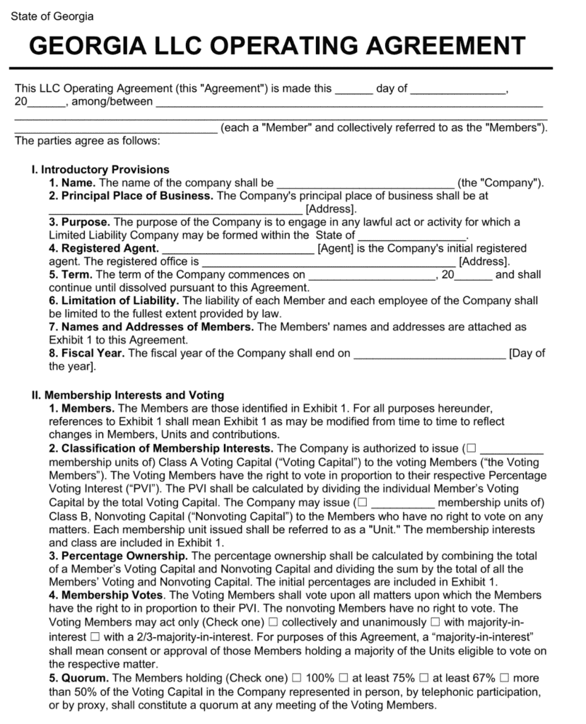 Operating Agreement Template Georgia