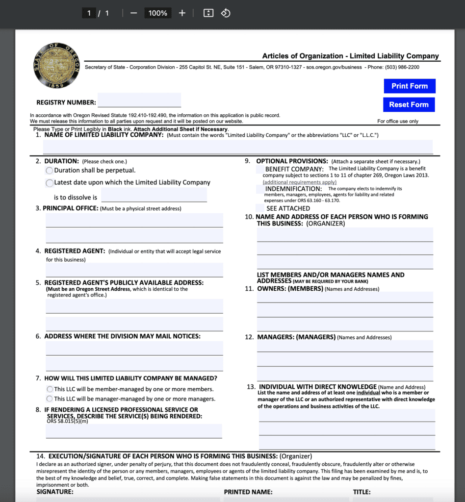 Oregon Articles of Organization filing form