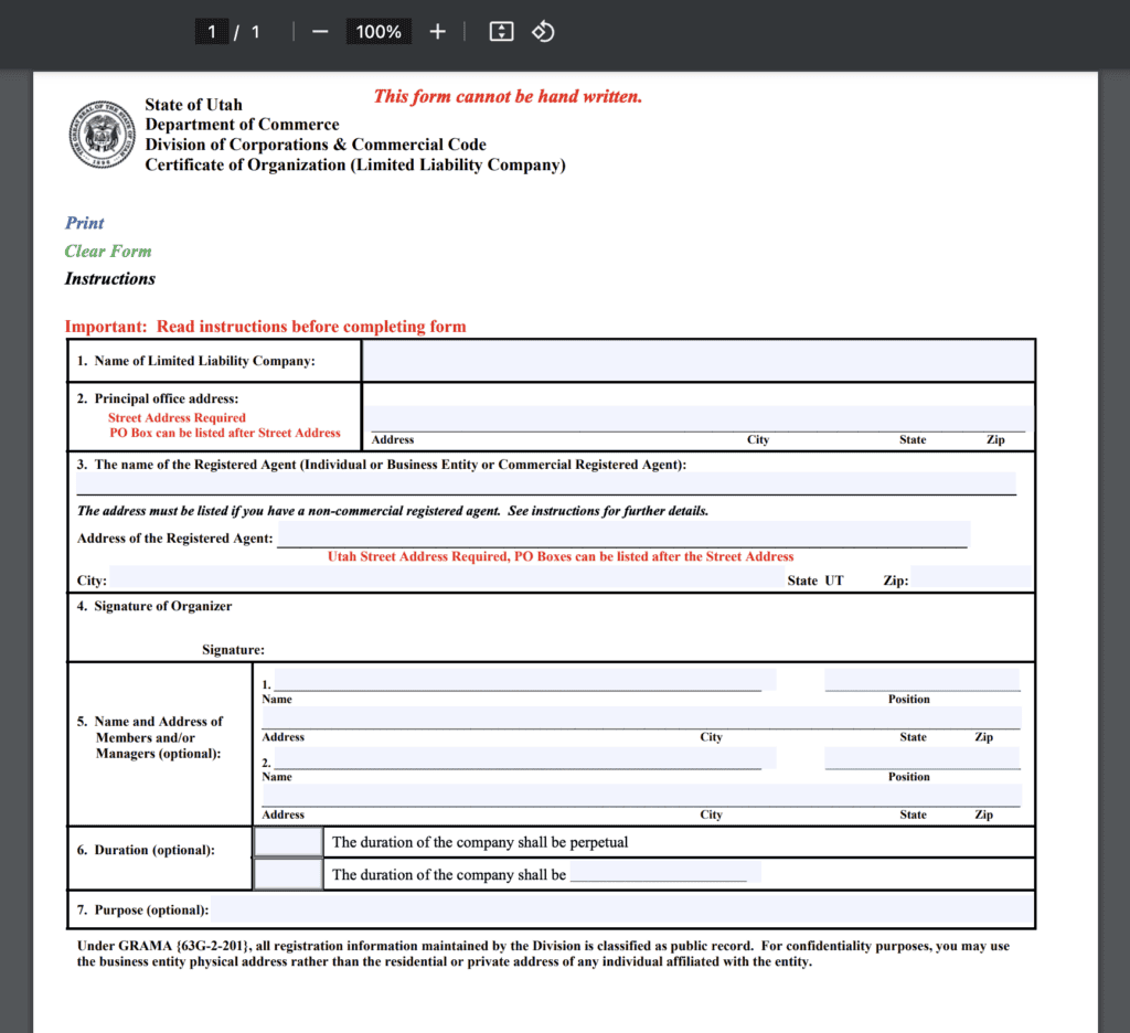 Utah LLC formation form