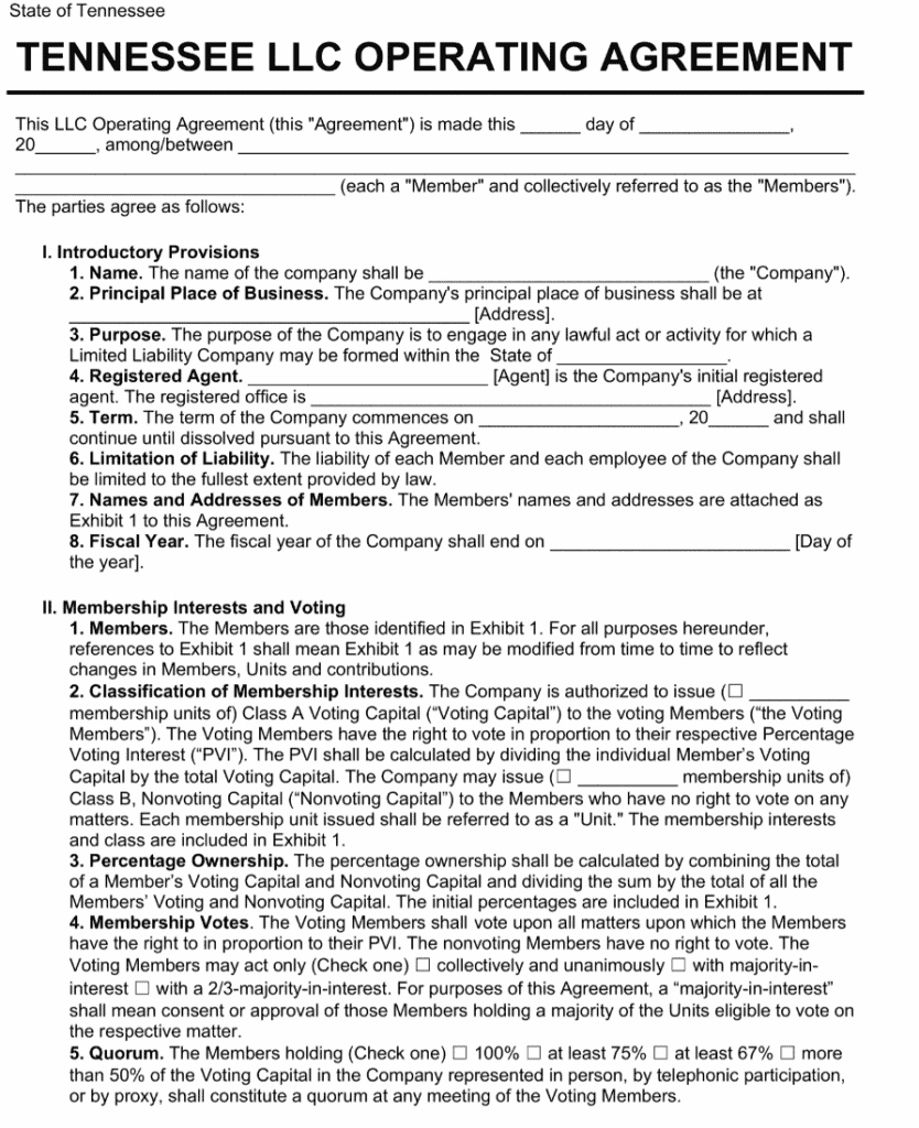 Tennessee LLC operating agreement