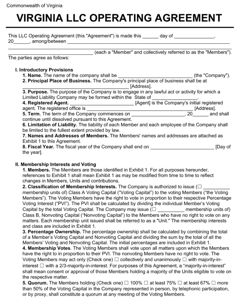 Virginia LLC Operating Agreement