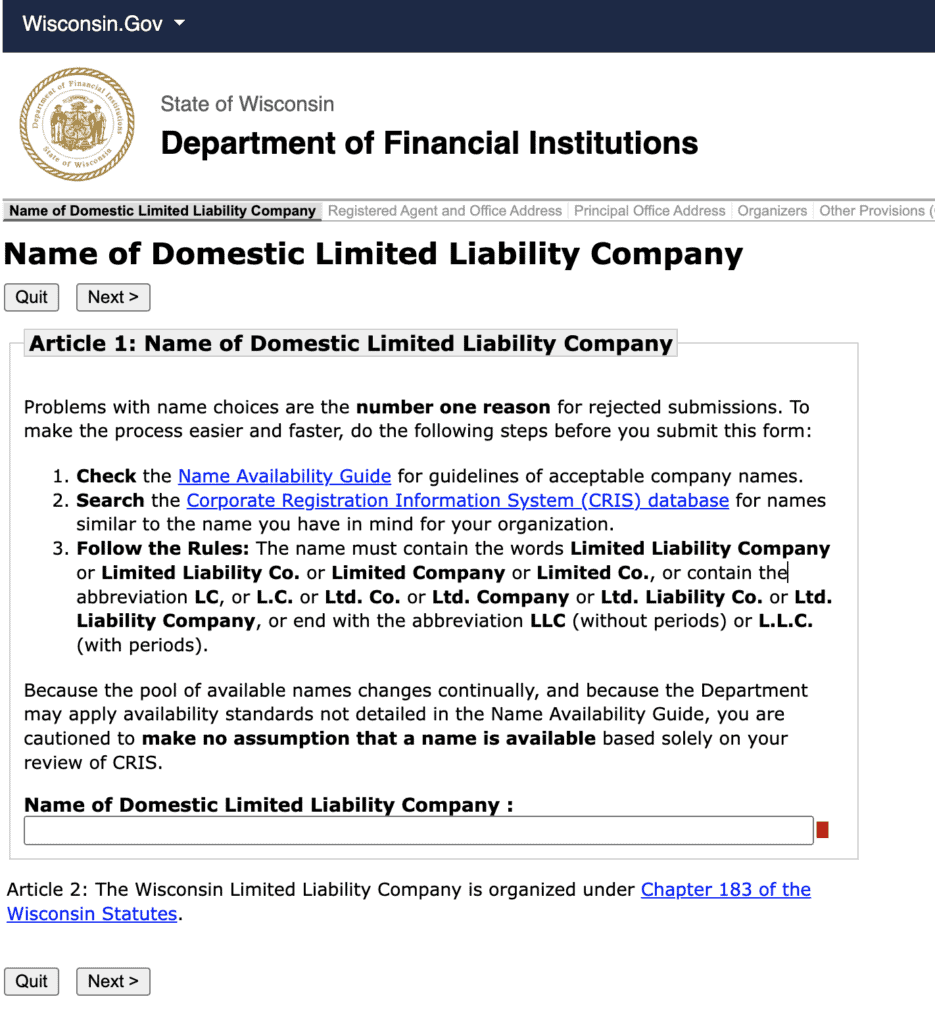 Wisconsin LLC formation online