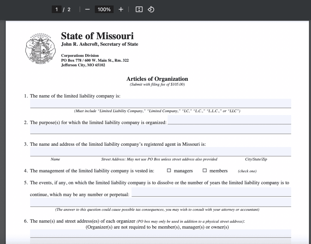 articles of organization filing missouri