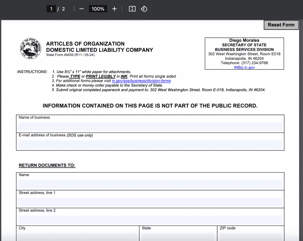 Articles of Organization (Indiana)