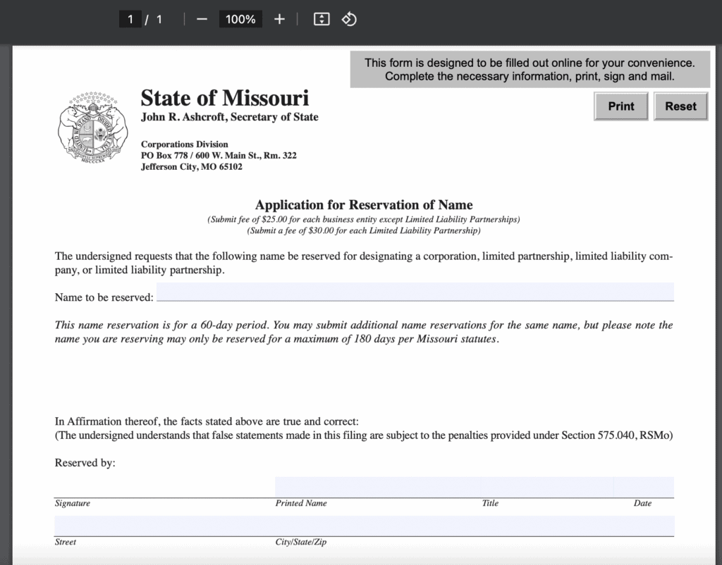 Application for Reservation of Name