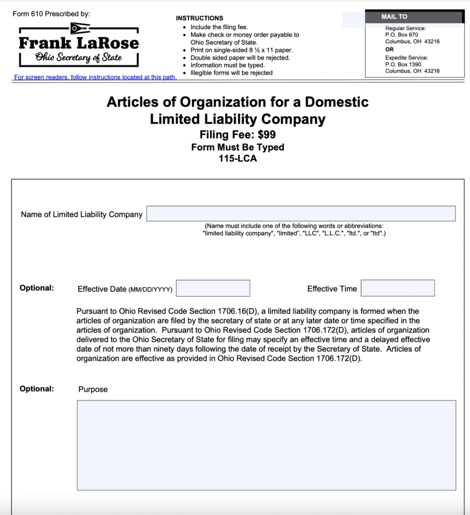 Articles of organization in Ohio