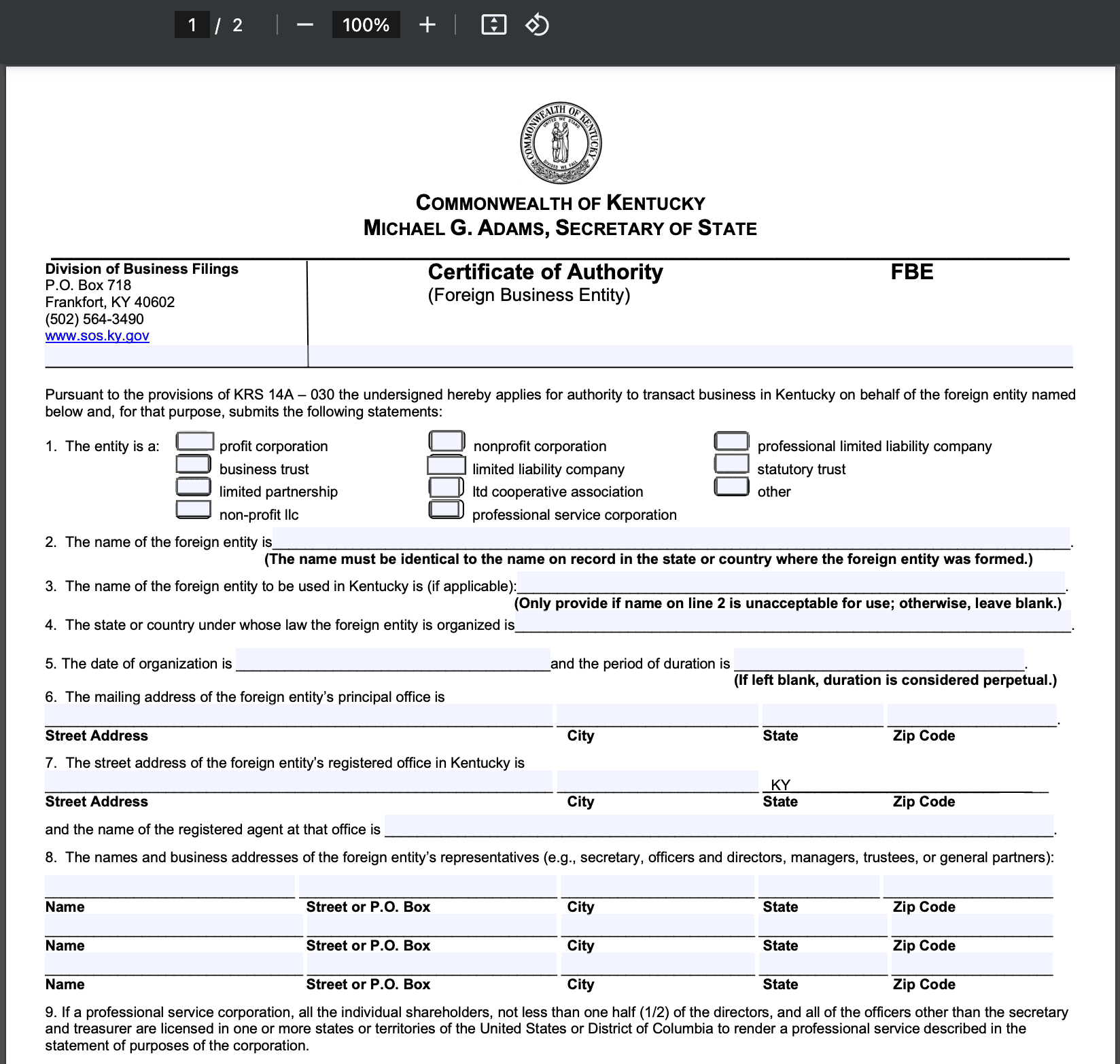 Certificate of Authority - Kentucky