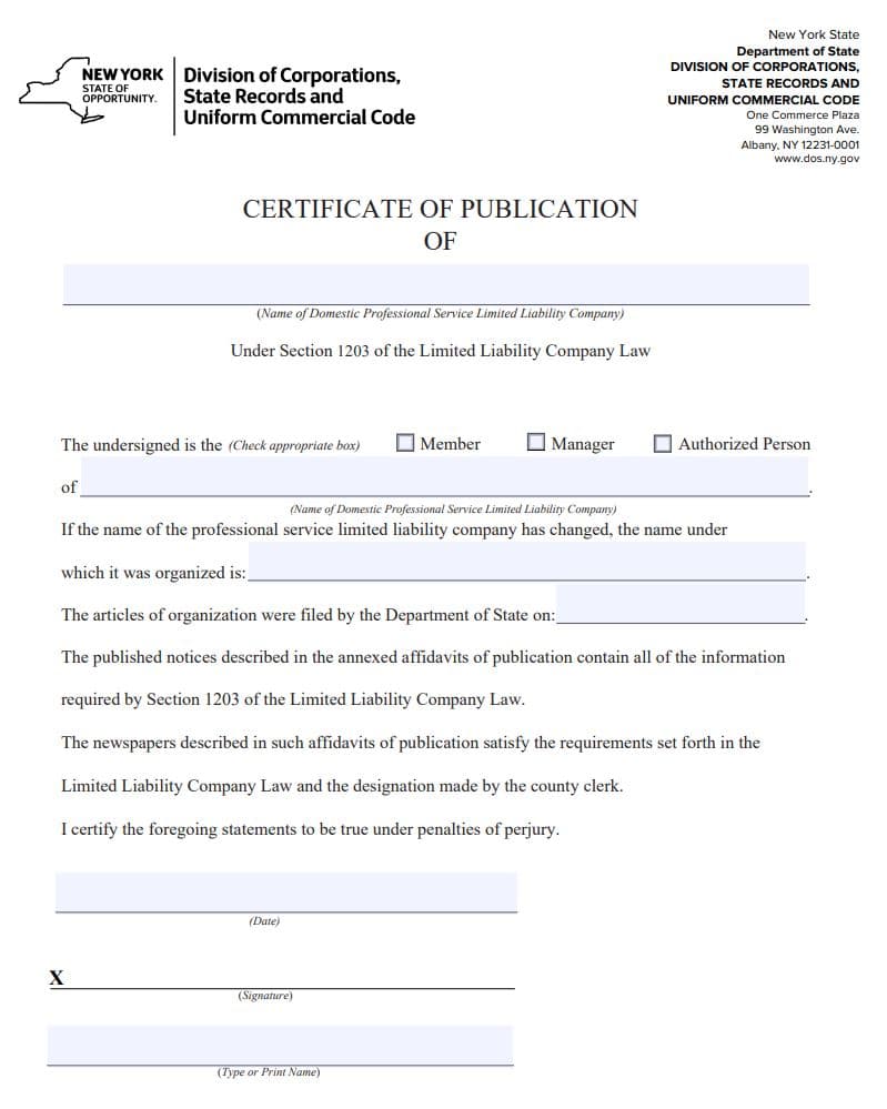 Certificate of Publication New York