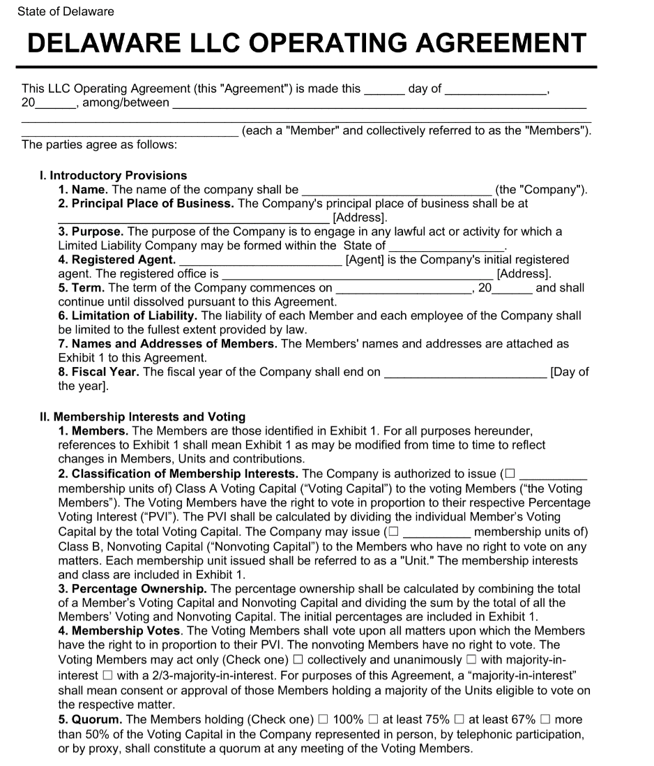 Delaware operating agreement example