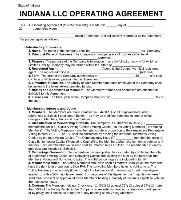 Indiana LLC Operating Agreement