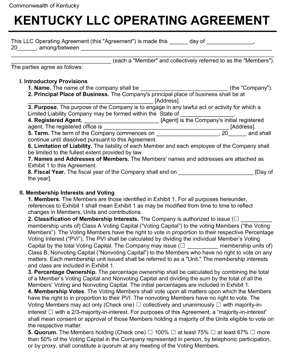 Kentucky LLC Operating Agreement