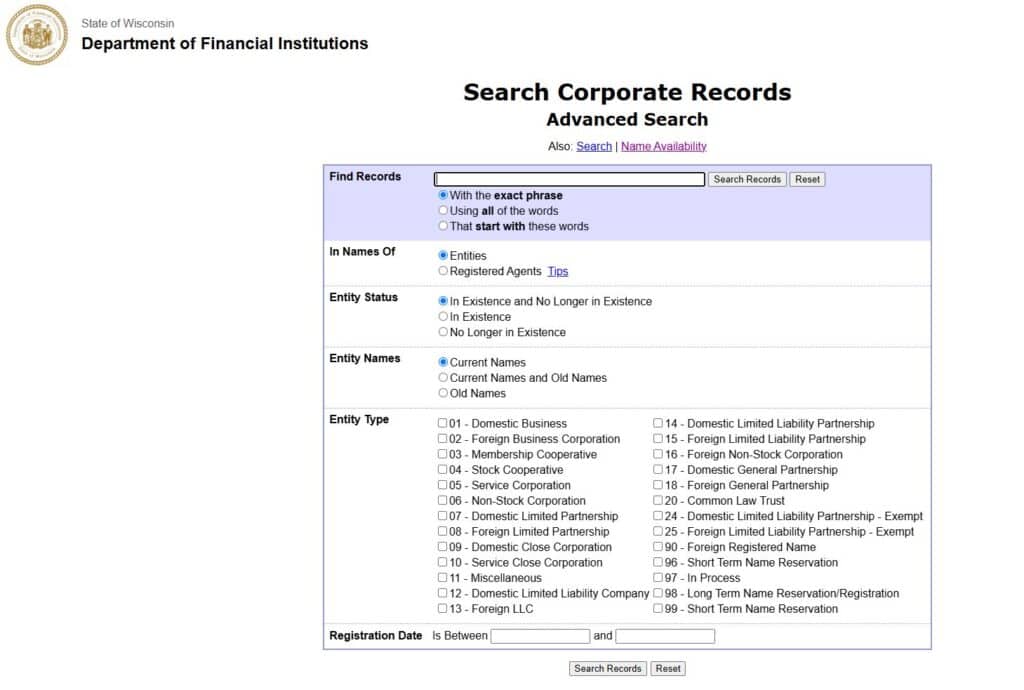 LLC name availability search in Wisconsin