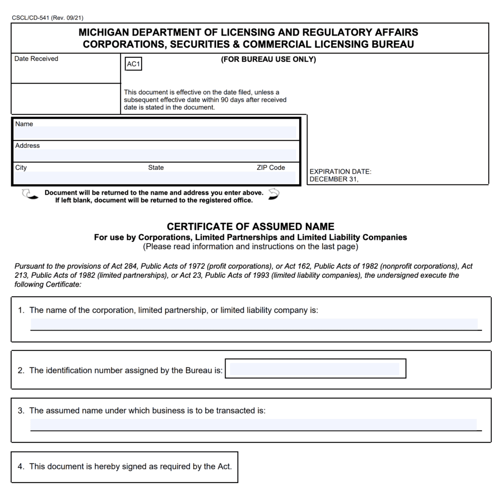 Certificate of assumed name