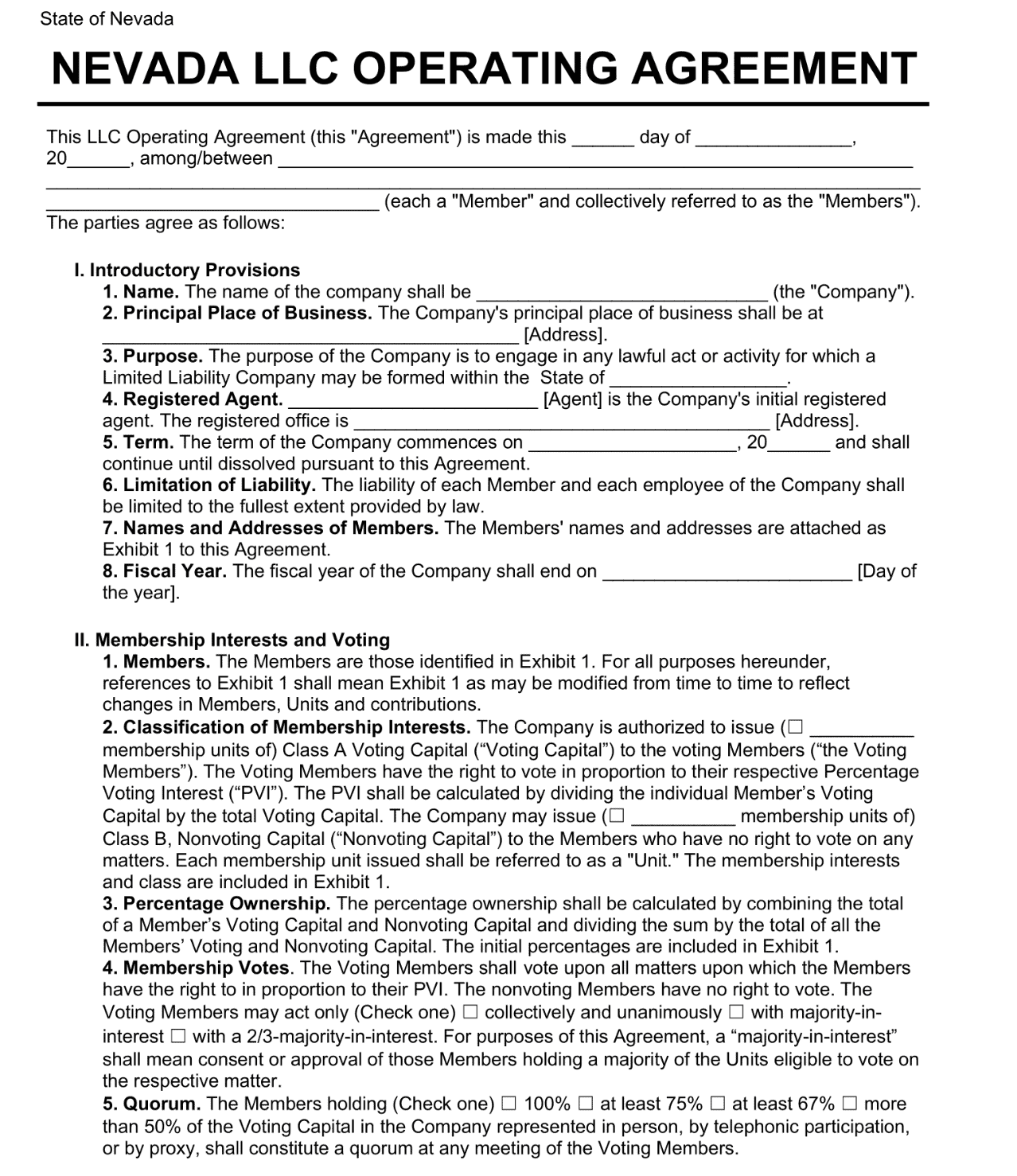 Nevada LLC Operating Agreement