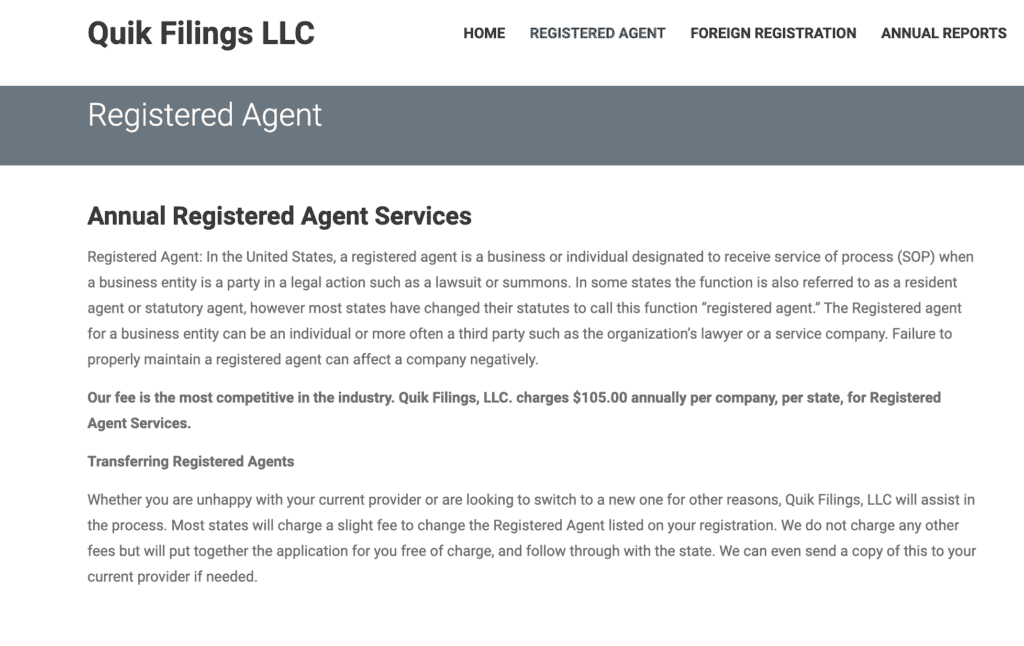 Quik filings LLC registered agent service