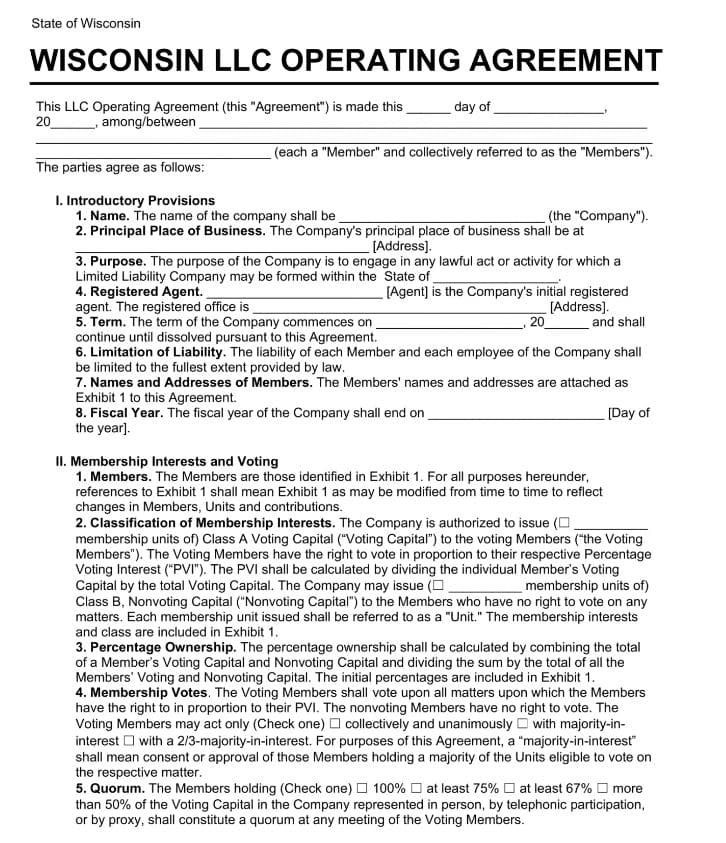 Wisconsin LLC operating agreement