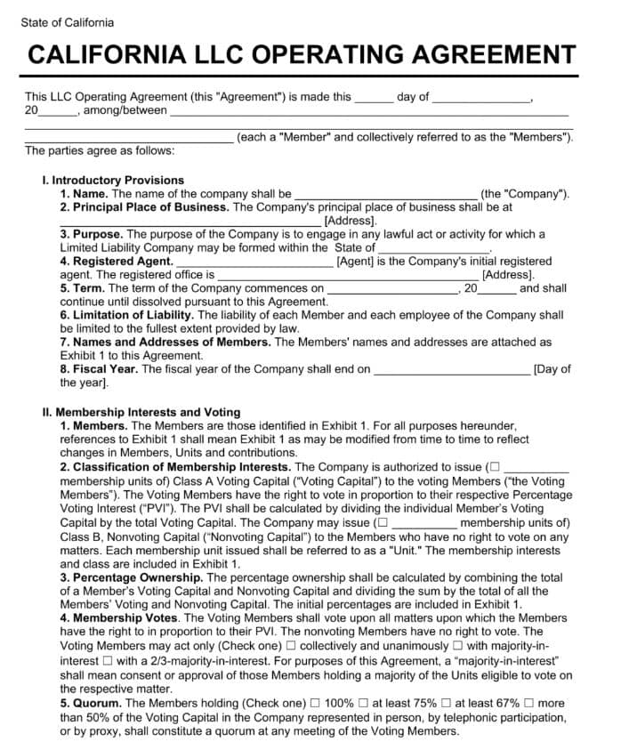 California operating agreement template