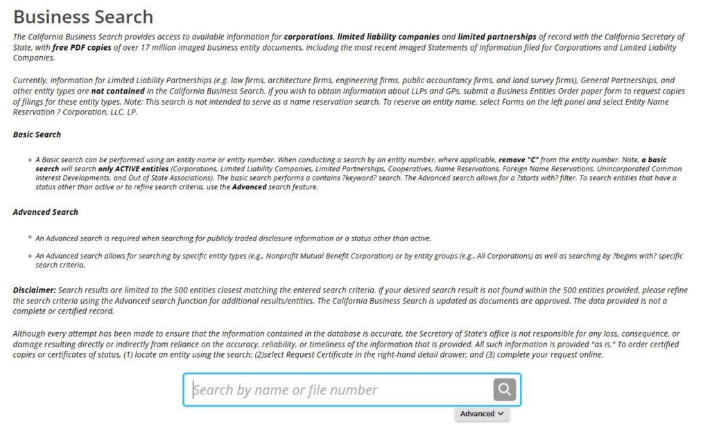 California LLC search