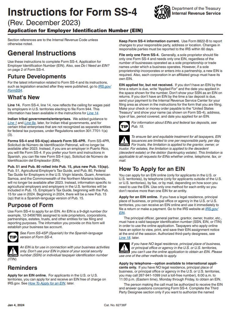 SS-4 filing instructions