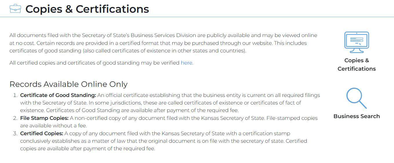 copies and certifications for Kansas LLC