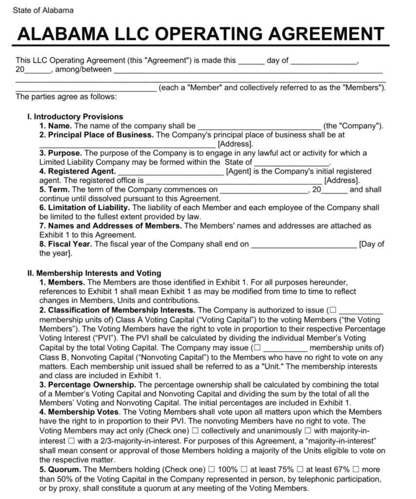 operating agreement in Alabama - template